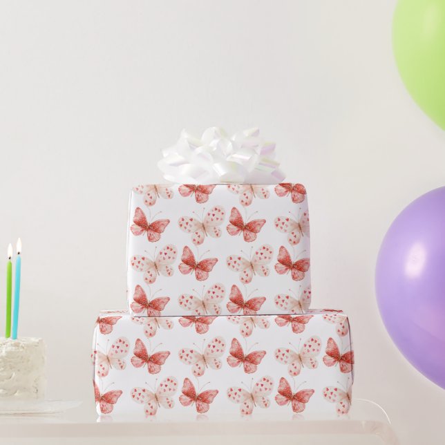 Blush Pink Rote Schmetterlinge Geburtstag Geschenkpapier (Partygeschenke)