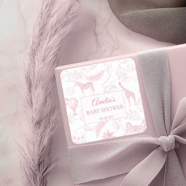 Blush Pink Safari Jungle Animals Baby Shower  Quadratischer Aufkleber (Von Creator hochgeladen)