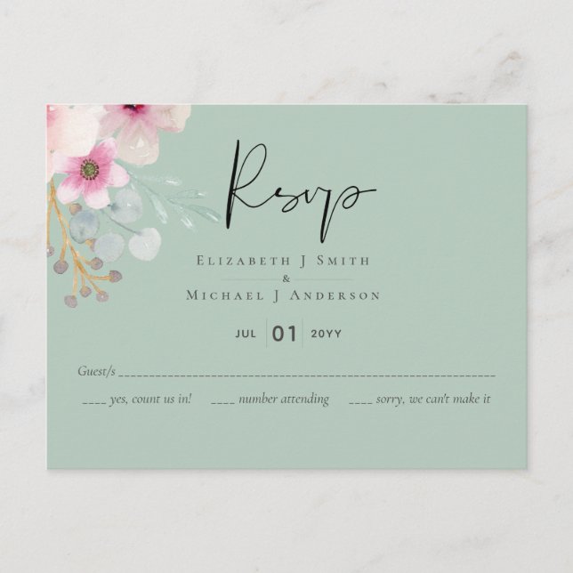 Blush Pink Sage Bloral Wedding RSVP Budget Postkarte (Vorderseite)