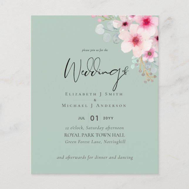 Blush Pink Sage Floral Wedding INVIERT Budget (Vorderseite)