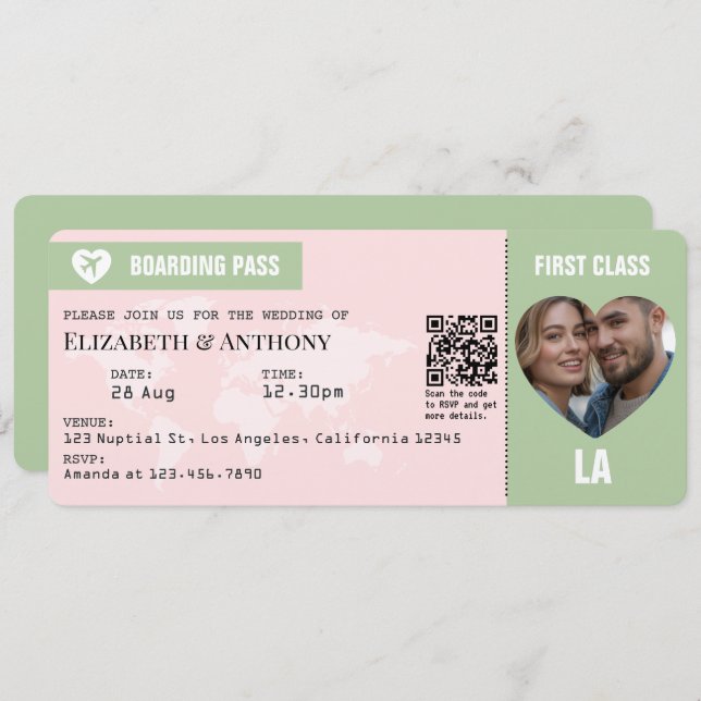 Blush Pink & Sage Green Boarding Pass Wedding Einladung (Vorne/Hinten)