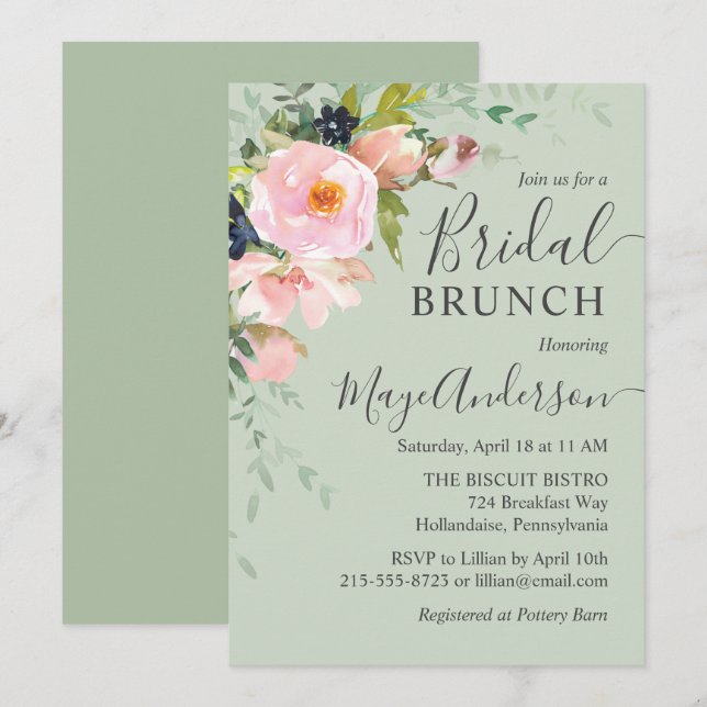 Blush Pink & Sage Green Bridal Brunch Einladung (Vorne/Hinten)