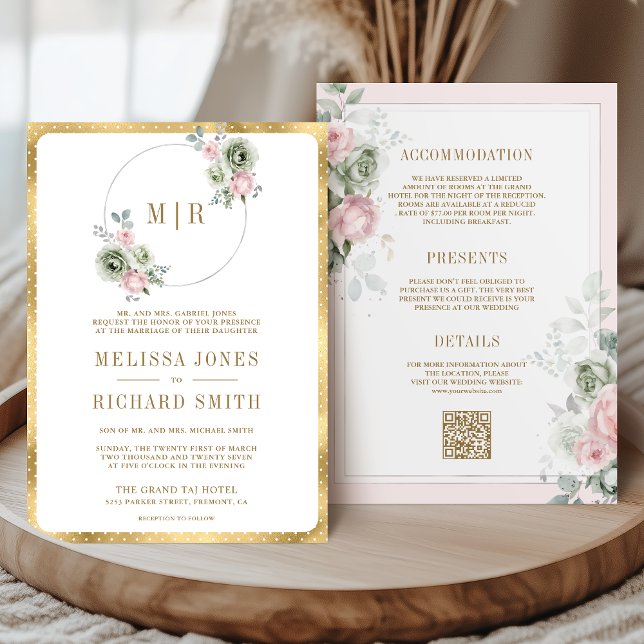 Blush Pink Sage Green Floral All in one Wedding Einladung (Von Creator hochgeladen)