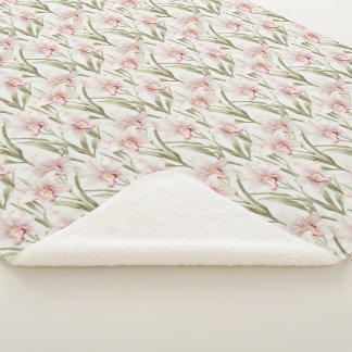 Blush Pink & Sage Orchid Flowers Sherpa Blanket Sherpadecke