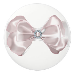 Blush Pink Satin Bow Ribbon & Diamonds Elegant Keramikknauf