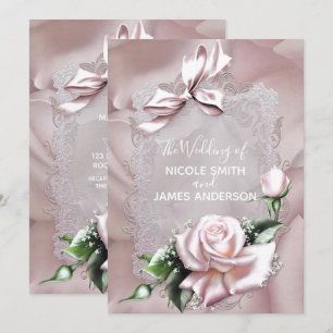 Blush Pink Satin Bow & Rose Romantische Hochzeit Einladung