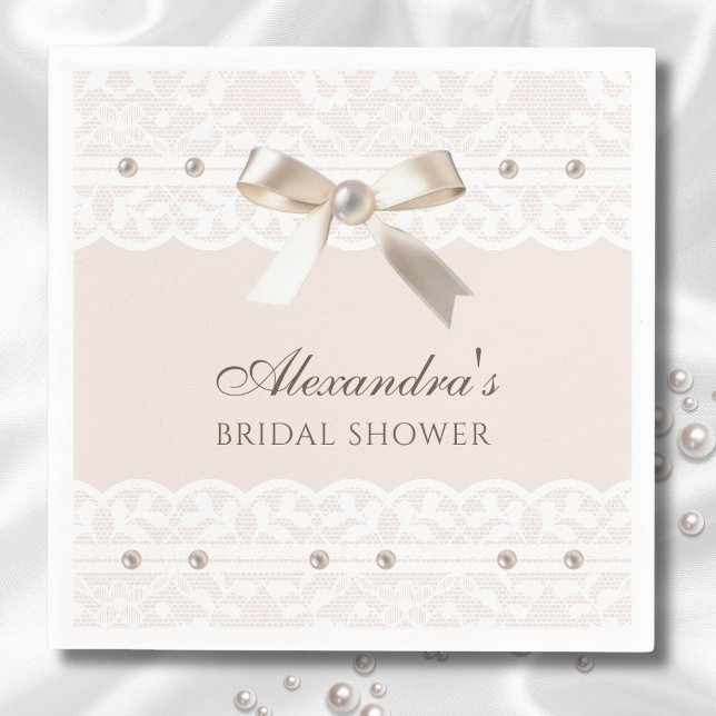 Blush Pink Satin Bow White Lace Brautparty Serviette (Von Creator hochgeladen)