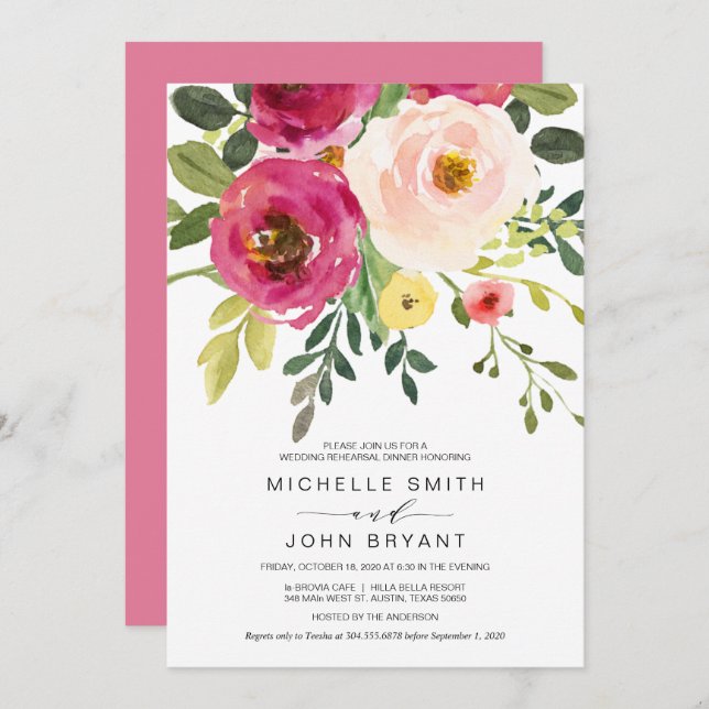 Blush Pink Schönheitsflora, Hochzeitsessen Probe Einladung (Vorne/Hinten)