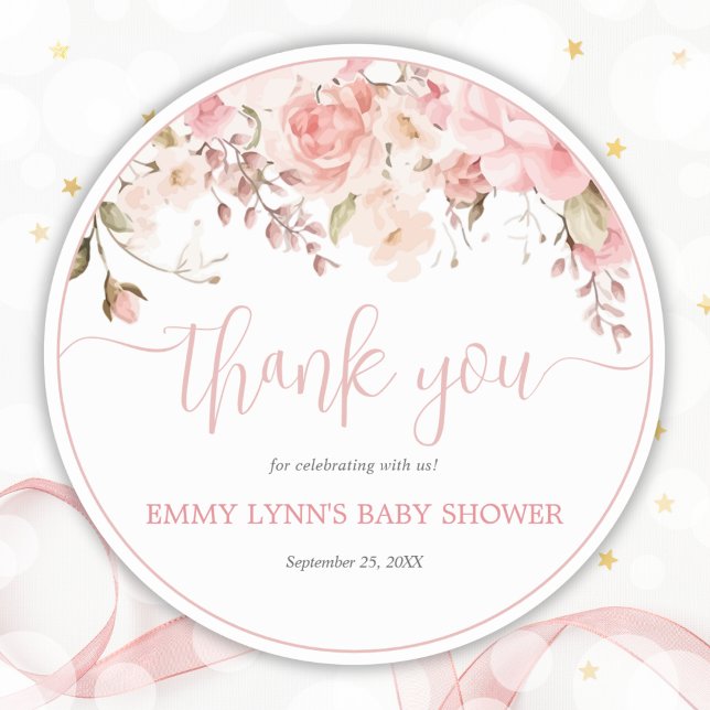 Blush Pink Script Baby Shower Thank You Runder Aufkleber (Blush Pink Script Baby Shower Thank You Classic Round Sticker)