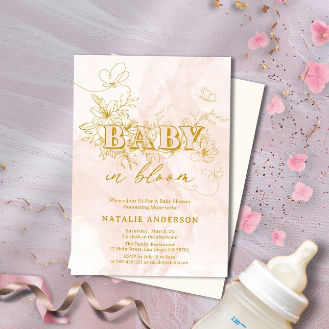 Blush Pink Script Blumenschmetterlinge Baby in Blo Einladung (Blush Pink Script Floral Butterflies Baby In Bloom Invitation)