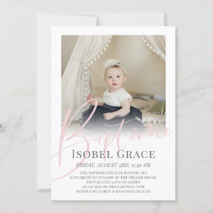 Blush Pink Script Foto Baptême Einladung