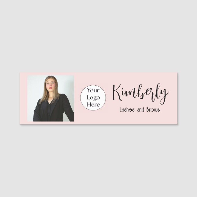 Blush Pink Script Logo Foto Wimpernkünstlerin Namensschild (Vorderseite)