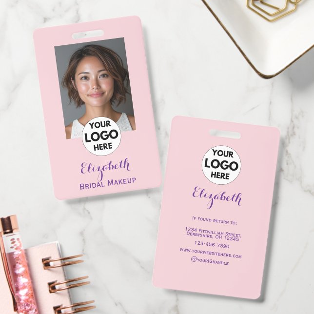 Blush Pink Script Logo Photo Makeup Ausweis (Büro)