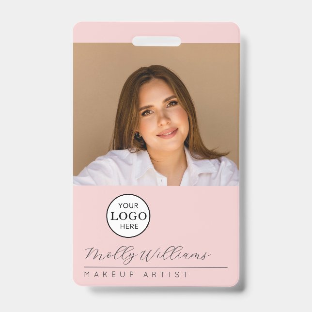 Blush Pink Script Logo Photo Makeup Badge Ausweis (Vorderseite)
