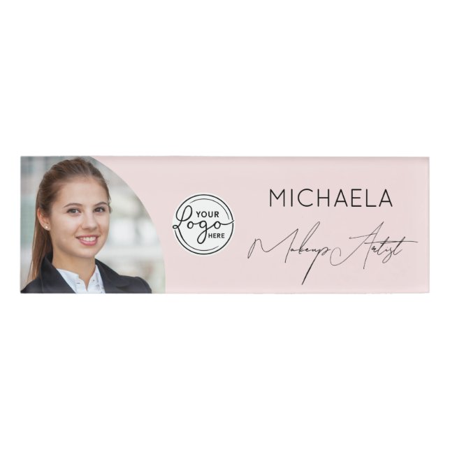Blush Pink Script Logo Photo Makeup Namenschild (Vorderseite)