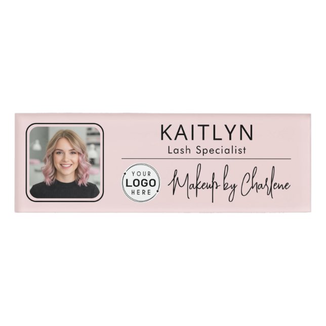 Blush Pink Script Logo Photo Makeup Namenschild (Vorderseite)