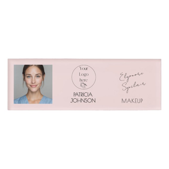 Blush Pink Script Logo Photo Makeup Namenschild (Vorderseite)