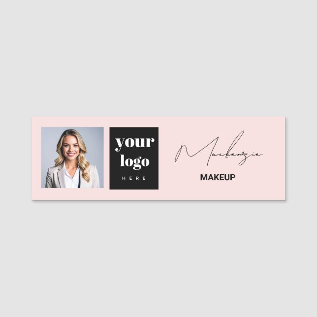 Blush Pink Script Logo Photo Makeup  Namensschild (Vorderseite)