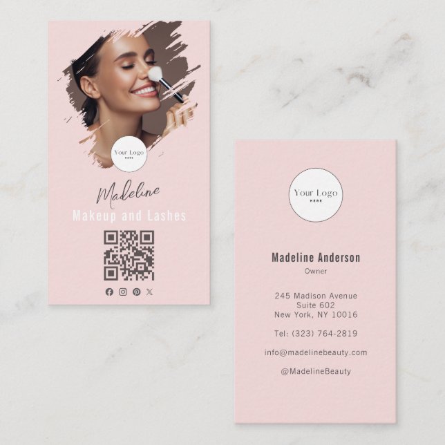 Blush Pink Script Logo QR Code Photo Makeup Visitenkarte (Vorne/Hinten)