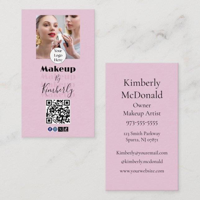 Blush Pink Script Logo QR Code Photo Makeup Visitenkarte (Vorne/Hinten)
