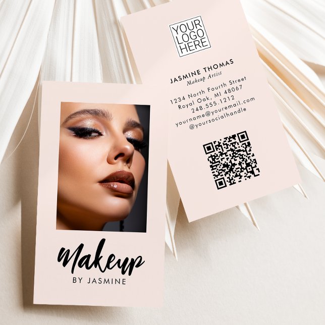 Blush Pink Script Logo QR Code Photo Makeup Visitenkarte (Von Creator hochgeladen)