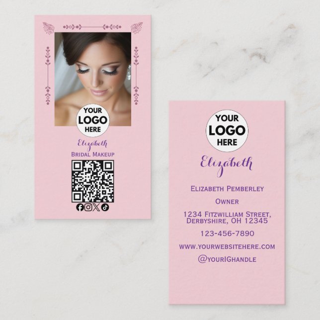 Blush Pink Script Logo QR Code Photo Makeup Visitenkarte (Vorne/Hinten)