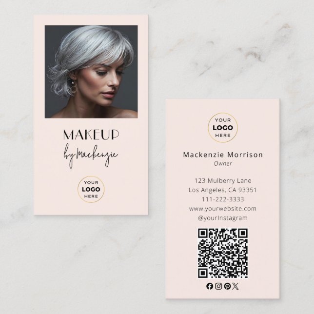 Blush Pink Script Logo QR Code Photo Makeup Visitenkarte (Vorne/Hinten)