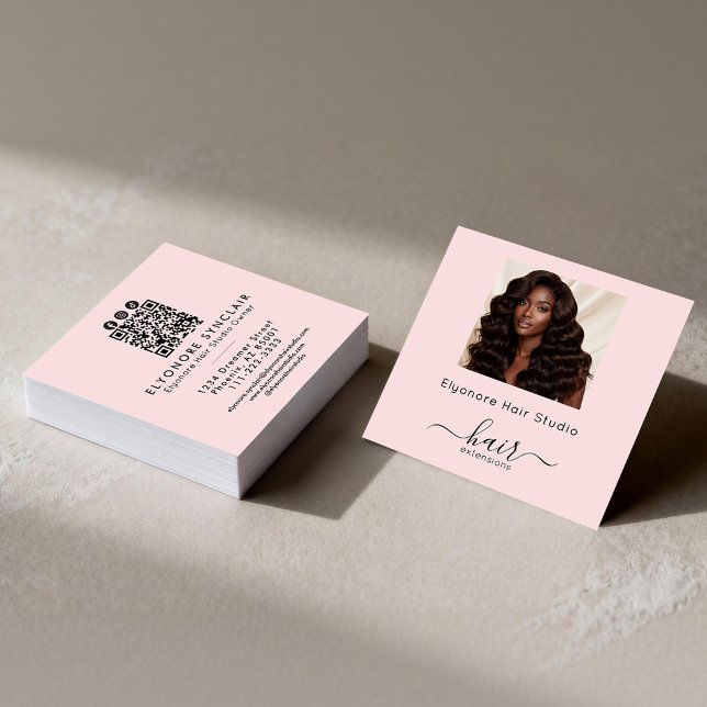 Blush Pink Script Photo QR Social Hair Extension Quadratische Visitenkarte (Von Creator hochgeladen)