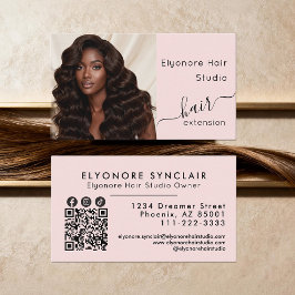 Blush Pink Script Photo QR Social Hair Extension Visitenkarte