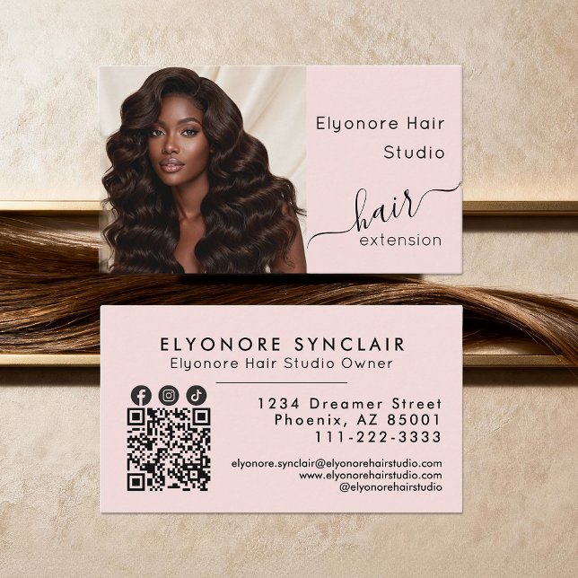 Blush Pink Script Photo QR Social Hair Extension Visitenkarte (Von Creator hochgeladen)