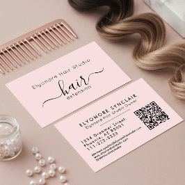 Blush Pink Script QR Code Hair Extension Visitenkarte