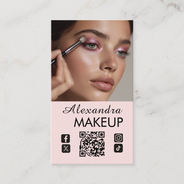 Blush Pink Script QR Code Photo Makeup Visitenkarte (Vorderseite)