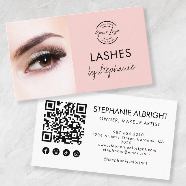 Blush Pink Script Social Icon QR Code Photo Lashes Visitenkarte (Von Creator hochgeladen)
