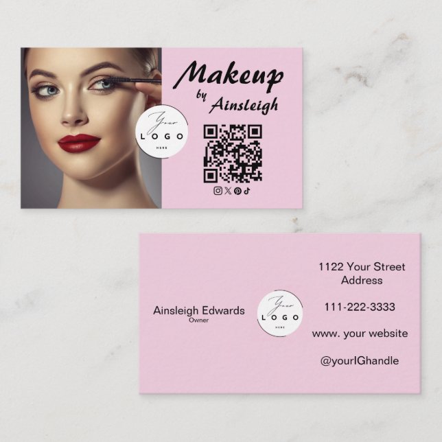 Blush Pink Script Social Icon QR Code Photo Makeup Visitenkarte (Vorne/Hinten)