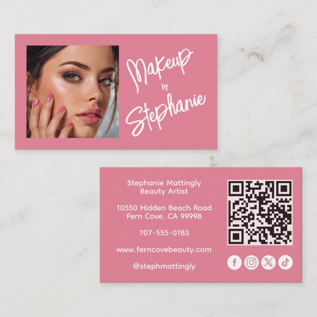 Blush Pink Script Social Icon QR Code Photo Makeup Visitenkarte (Vorne/Hinten)