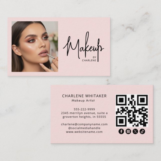 Blush Pink Script Social Icon QR Code Photo Makeup Visitenkarte (Vorne/Hinten)