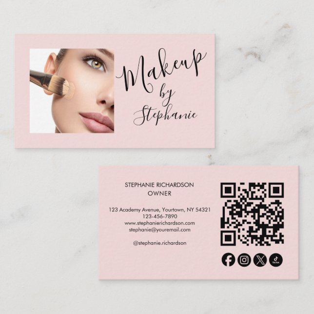 Blush Pink Script Social Icon QR Code Photo Makeup Visitenkarte (Vorne/Hinten)