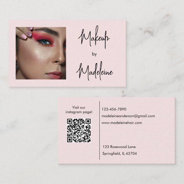 Blush Pink Script Social Icon QR Code Photo Makeup Visitenkarte (Vorne/Hinten)