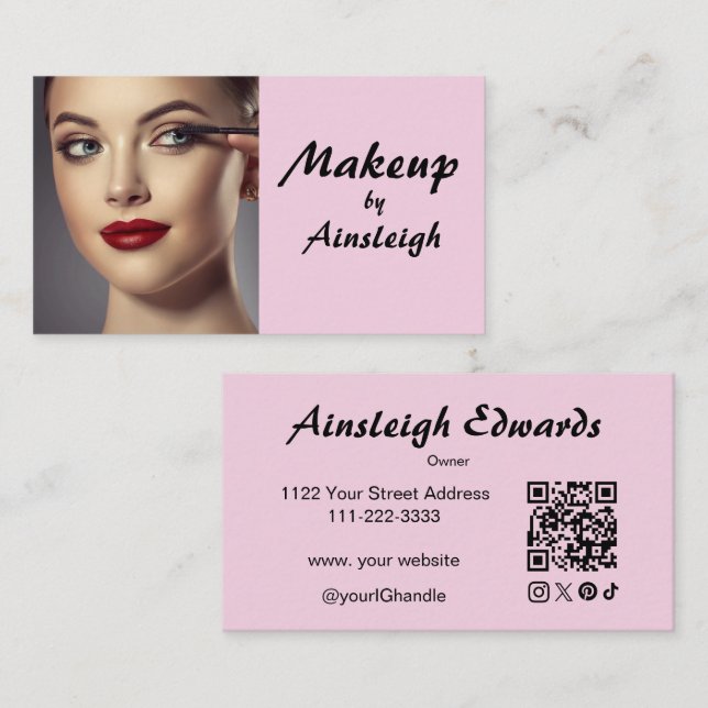 Blush Pink Script Social Icon QR Code Photo Makeup Visitenkarte (Vorne/Hinten)