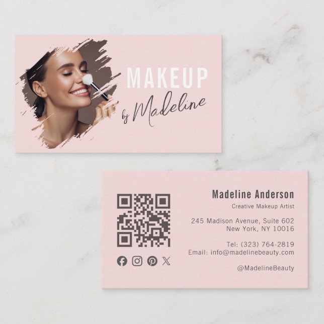 Blush Pink Script Social Icon QR Code Photo Makeup Visitenkarte (Vorne/Hinten)