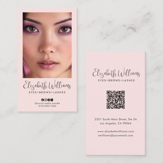 Blush Pink Script Social Icon QR Code Photo Makeup Visitenkarte (Vorne/Hinten)