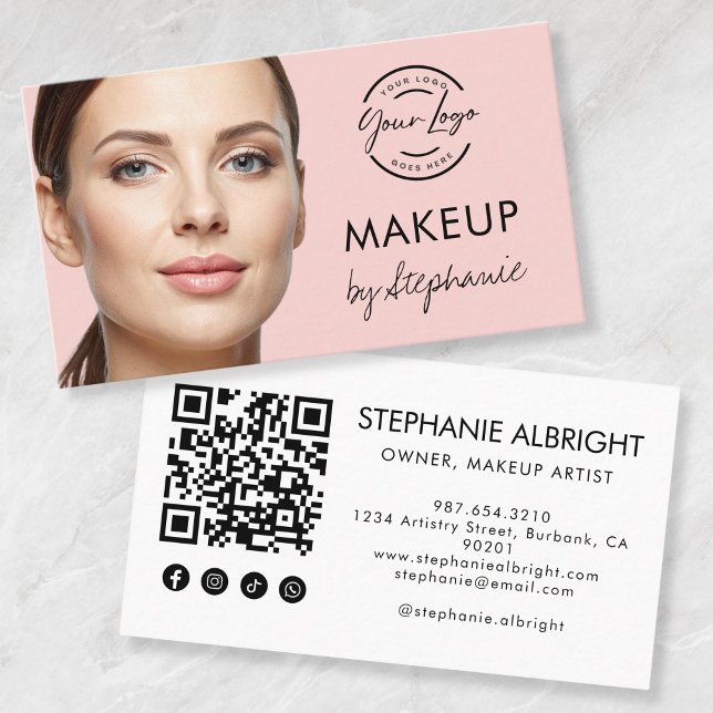 Blush Pink Script Social Icon QR Code Photo Makeup Visitenkarte (Von Creator hochgeladen)
