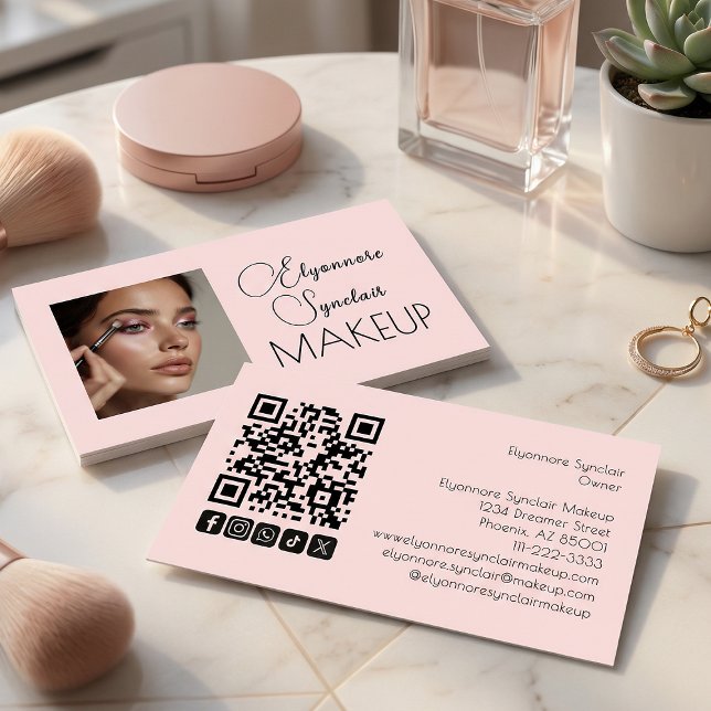 Blush Pink Script Social Icon QR Code Photo Makeup Visitenkarte (Von Creator hochgeladen)