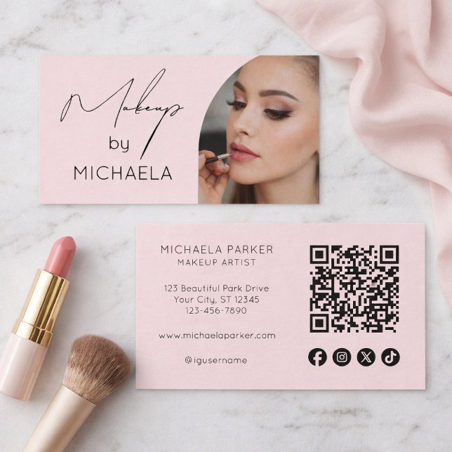Blush Pink Script Social Icon QR Code Photo Makeup Visitenkarte (Von Creator hochgeladen)