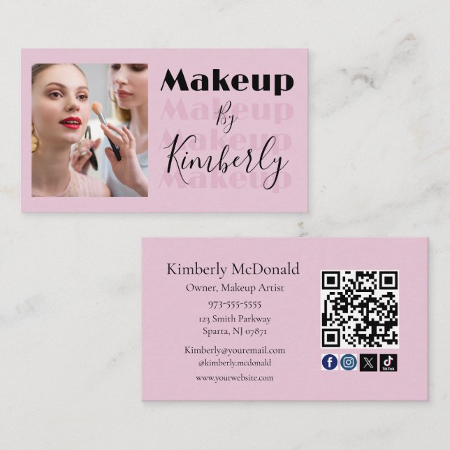 Blush Pink Script Social Icon QR Code Photo Visitenkarte (Vorne/Hinten)