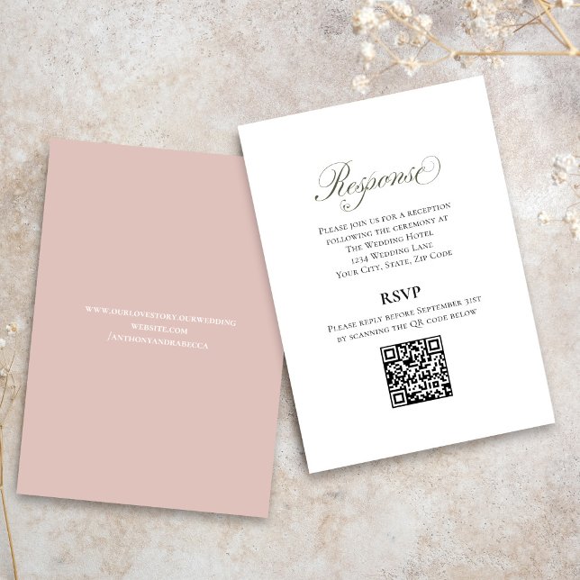 Blush Pink Script Wedding RSVP QR Code Card Begleitkarte (Elegant blush pink wedding RSVP card with QR code for easy online guest responses.)