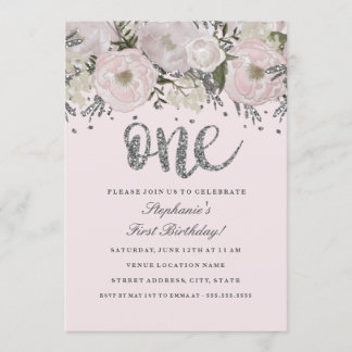 Blush Pink Silver Blume Floral Einmal Geburtstag Einladung