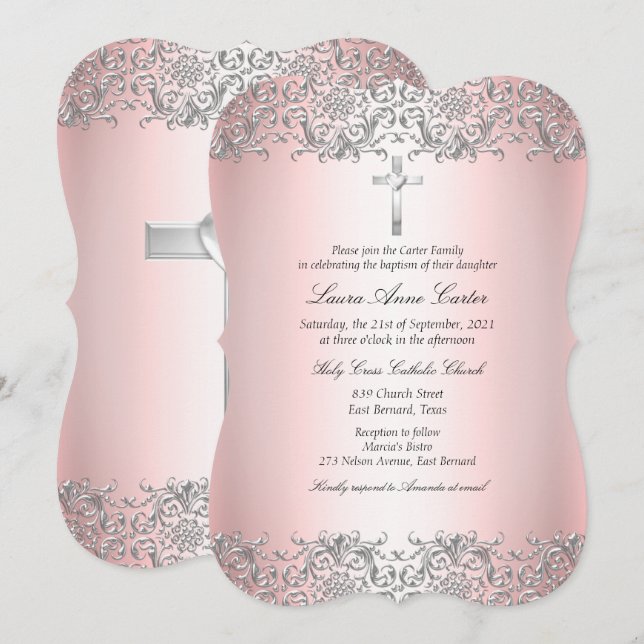 Blush Pink Silver Damask Cross Taufe Christening Einladung (Vorne/Hinten)