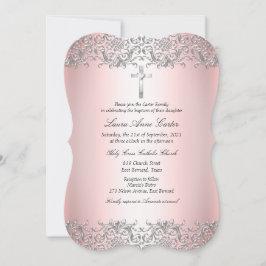 Blush Pink Silver Damask Cross Taufe Christening Einladung