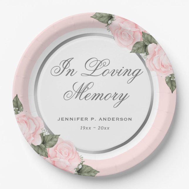 Blush Pink Silver Floral Memorial Beerdigung Pappteller (Vorderseite)